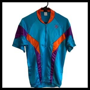 Descente XL Blue Orange Purple Color Block Polyester Athletic Cycling Jersey